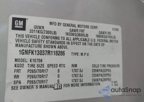 2007 Chevrolet Tahoe K1500 from USA, damaged, VIN 1GNFK13037R118286